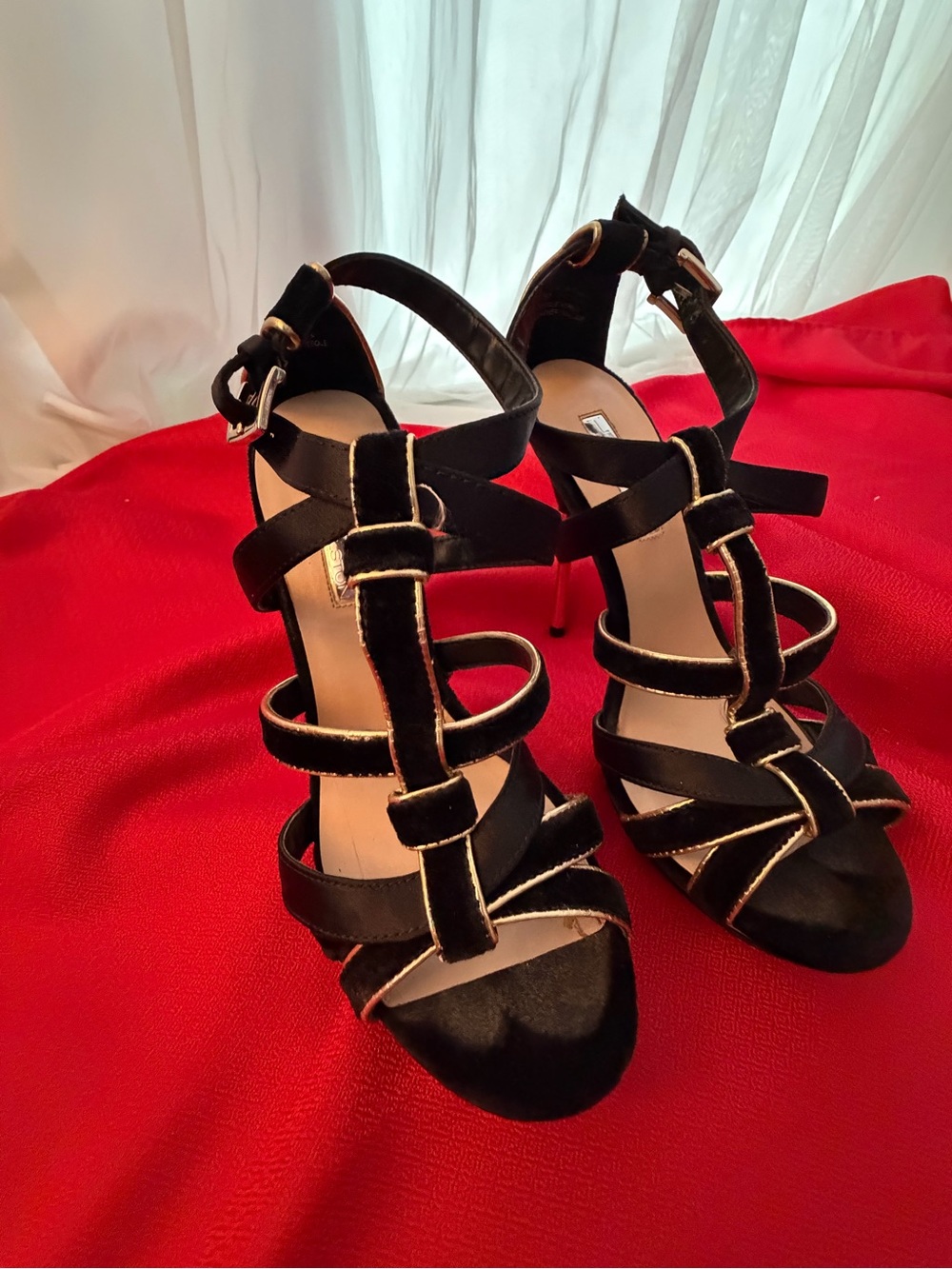 H by Halston Black Velvet Strappy Heels with Gold Piping